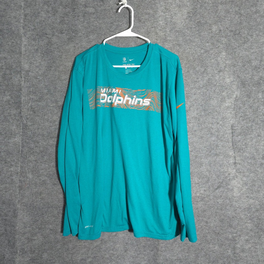 Nike Miami Dolphins NFL Men XL Aqua Teal Dri-FIT Long Sleeve Athletic Tee Shirt
